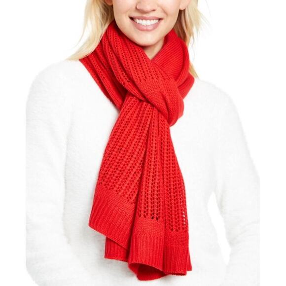 DKNY Red Open-Knit Blocked Scarf Open Weave COZY NEW gift holiday Unisex - Picture 1 of 4